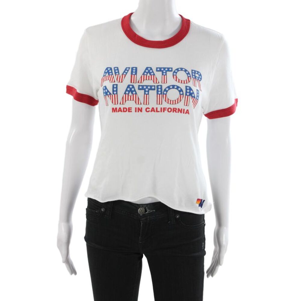 Aviator Nation Womens Ringer T Shirt White Patriotic Graphic Tee Size XS